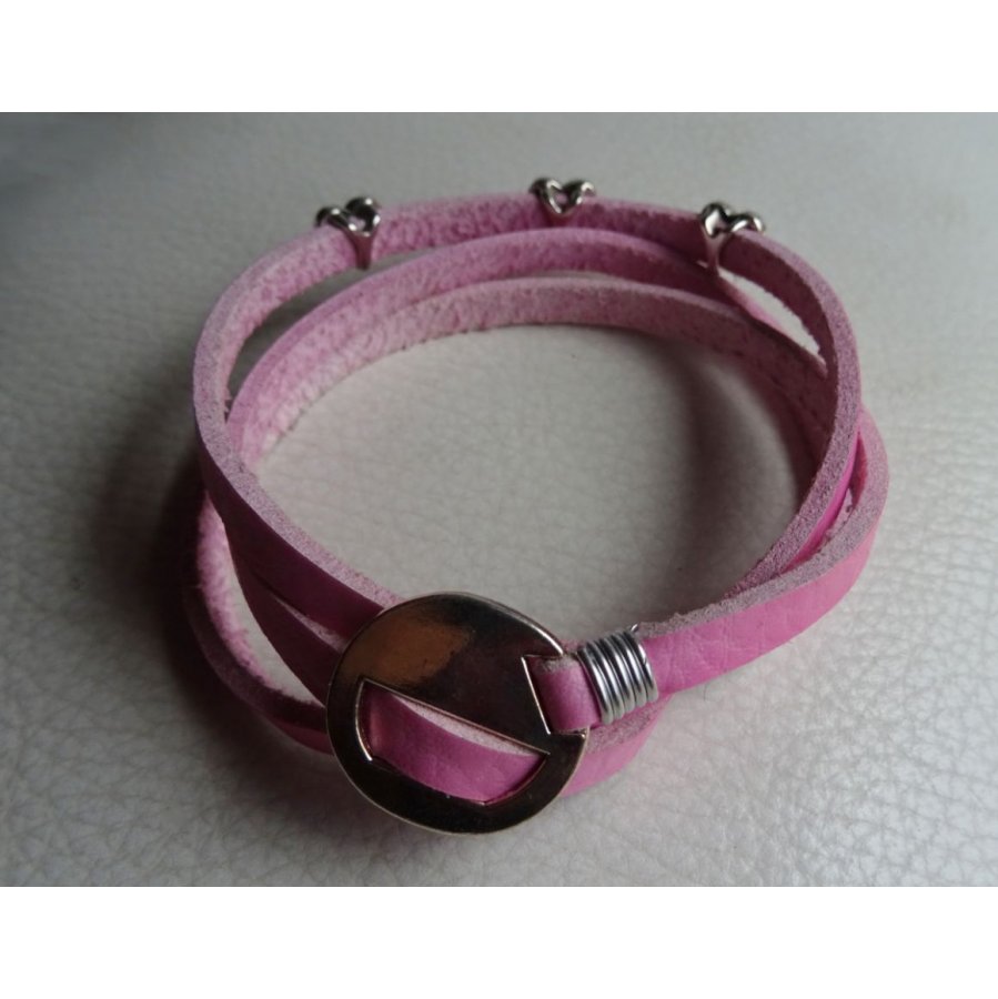 Bracelet cuir Rose 3 tours Coeurs