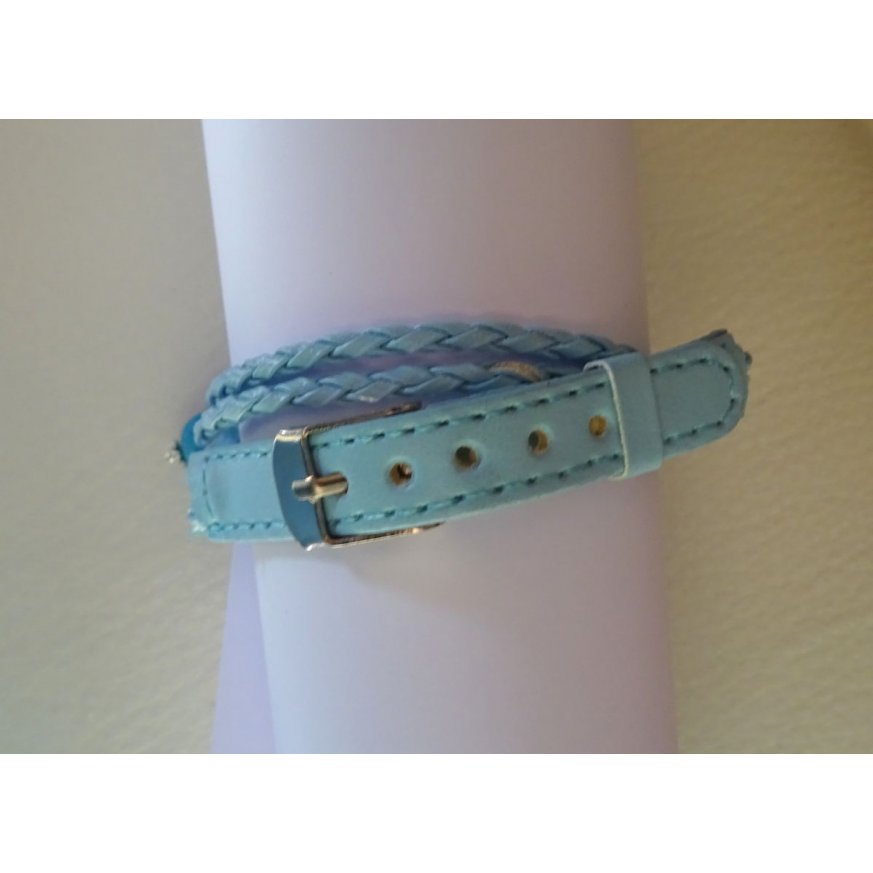 Bracelet double infini et double tour cuir tressé bleu